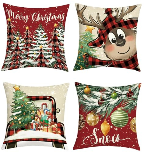 Joymaison Kissenbezüge 45x45 4er Set Rot und Schwarz Kariert Weihnachtsbaum | Deko Kissenhülle Winter Frohe Weihnachten Rentier LKW Kugeln Tannenzapfen Dekorative Kissenbezug Kissen für Couch Sofa