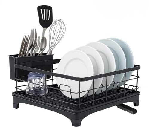 BLUE BAZAAR Dish Drainer Rack Black 48.5X31X20cm with Drip Tray for Kitchen Counter, Space-Saving Dish Rack with Drainage Spout Large Capacity Dish Drainer Rack