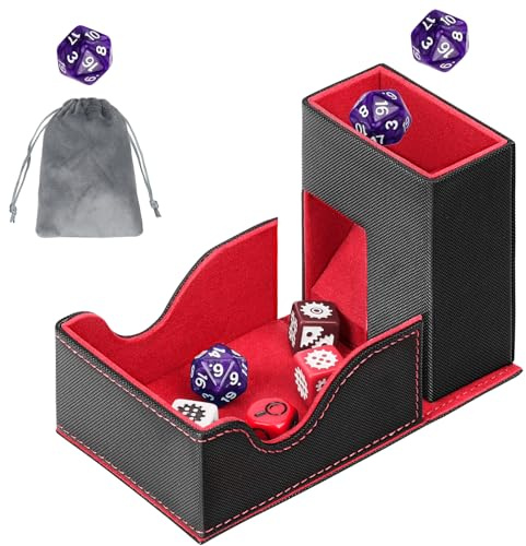 Jaffzora 3-in-1 Faltbarer Würfelturm & magnetische Würfelaufbewahrungsbox, Premium Leder Würfelorganisator mit U-Nut für D&D, MTG, RPG und Tabletop-Spiele, Schwarz und Rot