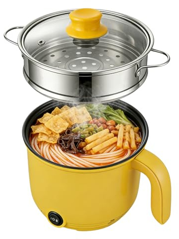 Elektrischer Hot Pot, 1,3l Elektrischer Kochtopf, 600w 220v Hot Pot Ramen Cooker Mit Dampfgarer Aus Edelstahl, Antihaftbeschichteter Hot Pot Elektrisch Für Suppe/Ramen/Pasta/Haferflocken/Ei, Gelb