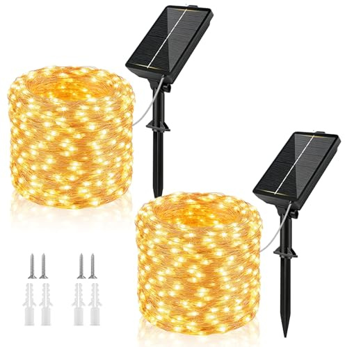 2 Stück Solar Lichterkette Aussen, 12M 120LED Solar Lichterkette Outdoor | 1200mAh, 8 Modi, Kupferdraht Solarlichterkette Außen Wetterfest für Weihnachten Garten Balkon Party Deko, Warmweiß