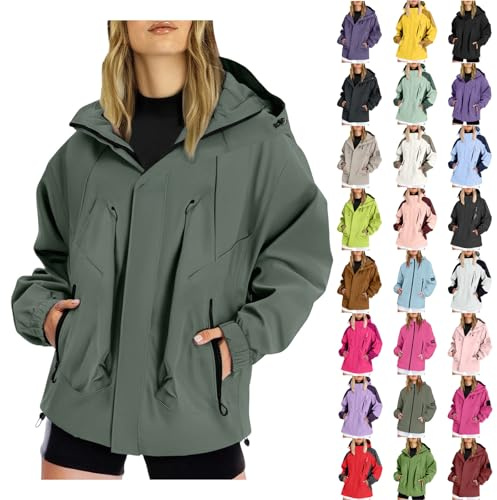 outdoorjacke damen wasserdicht Regenjacke Damen Wasserdicht Atmungsaktiv Übergangsjacke Leichte Outdoor Windbreaker Frühling Softshelljacke mit Kapuze und Taschen fahrrad regenjacke