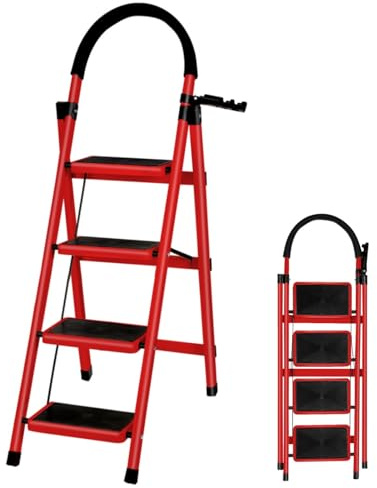 Escalera Plegable de Acero con 4 Peldaños, Escalera Doméstica Antideslizante con Barandilla para Cocina, Hogar y Oficina - Rojo