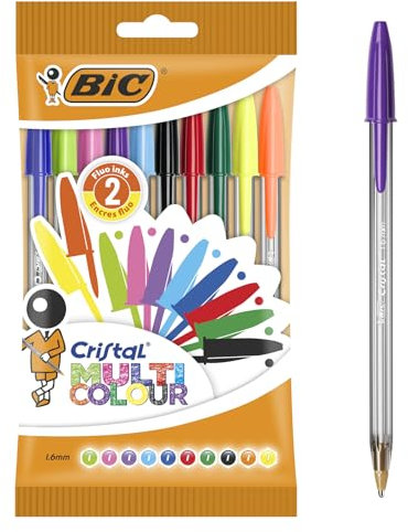 BIC Cristal Bolígrafos de Colores, Multicolor, Punta Ancha (1,6mm), Material Oficina, Blíster de 10 Bolis