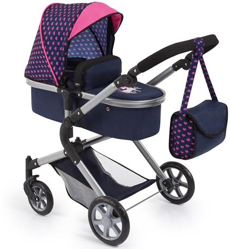 Bayer Design 18154AA City Neo Puppenwagen mit Wickeltasche und Einkaufskorb / umwandelbar in einen Sportwagen / höhenverstellbar / Design: Herzchen, Einhorn / dunkelblau, pink