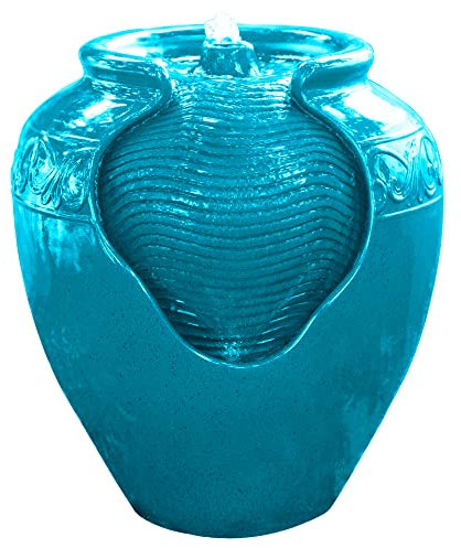 Teamson Home Garden Water Feature with Lights, Outdoor Tiered Small, Green Pot Water Fountain, Indoor Cascading Waterfall & Pump Ornament, Patio Decor