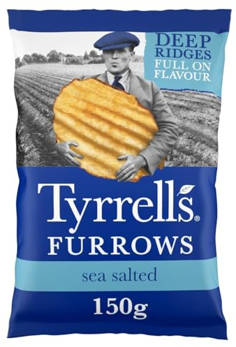 Tyrrells Crisps Furrows SEA SALTED 150g Sharing Bag - Hand-cooked & spun for an exquisite fresh taste. No artificial ingredients (No artificial flavour, colours or MSG)
