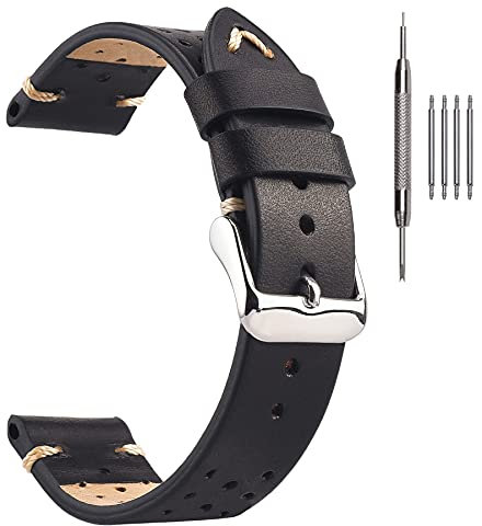 EACHE 18mm Racing Schwarze Leder Uhrenarmbänder, Vintage pflanzlich gegerbte 18mm Leder Uhrenarmbänder in Schwarz