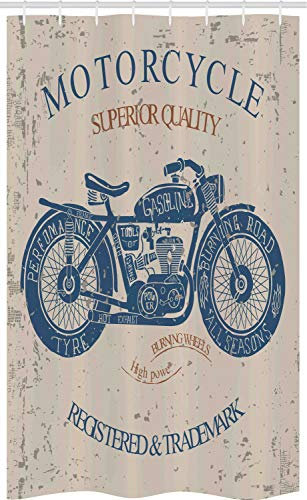 ABAKUHAUS Motorrad Schmaler Duschvorhang, Retro Chopper Reiter, Badezimmer Deko Set aus Stoff mit Haken, 120 x 180 cm, Blaugrau Tan
