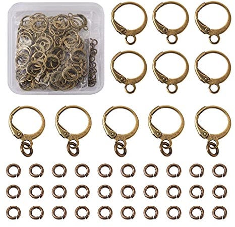 PandaHall 100pcs Brass Round Lever Hooks - Antique Bronze Huggie Hoop Earring Findings With Jump Rings for DIY Jewelry Making