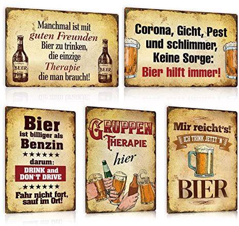 5er Set Blechschilder Lustiger Spruch - Retro Metallschild 20x30cm - Vintage Schild für Bar Club Pub