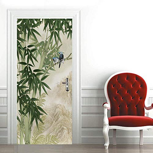 LuSeven autocollant frigo Peinture à l'huile de bambou d'art 85x215cm(33.46 inches * 84.64 inches) Autocollants de porte 3d, Porte Autocollant en PVC Auto-adhésifs, Stickers porte chambre, Poster de p