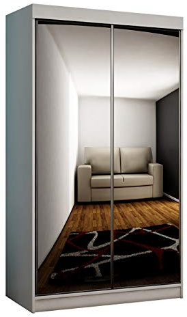 Kleiderschrank Toplo 100 I, Elegantes Schlafzimmerschrank 2 Spiegel, 100 x 200 x 62 cm, Dielenschrank, Garderobenschrank, Schwebetürenschrank (Weiß, mit RGB LED Beleuchtung.)