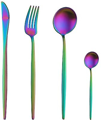 Buyer Star Besteckset für 4, 16-teiliges Edelstahl-Besteck-Set, Geschirr-Set mit Löffel, Messer und Gabel, Titanbeschichtetes Utensilien-Set – matt & spülmaschinenfest (Regenbogen)