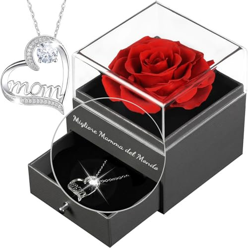 Yamonic Festa della Mamma Idee Regalo,Rosa Eterna con Collana Argento 933 Mamma,Migliore Mamma del Mondo Regali per Mamma,Regalo Festa della Mamma,Rosa Stabilizzata Vera Regalo Mamma Compleanno