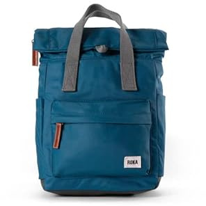 ROKA London Canfield B Small Sustainable Nylon (Marine) | Compact roll top backpack with wide zip opening, tablet storage, secret pocket, side pockets and adjustable shoulder straps