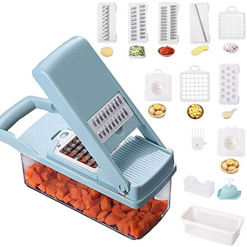Vegetable Chopper, AUELEK 12 in 1 Onion Mincer Chopper Dicer Mandoline Slicer, Fruit Food Chopper Vegetable Spiralizer Onion Cutter,Veggie Slicer Manual for Garlic, Cabbage, Carrot, Potato - Blue