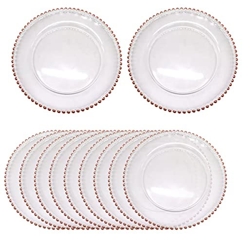 Trimming Shop 33cm Clear Charger Plate with Rose Gold Beads Rim – Elegant Glass for Weddings, Parties & Home Décor - Decorative Rose Gold Glass Charger Plates, Pack of 12