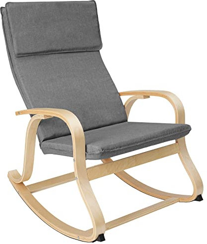 tectake® Holz Schaukelstuhl, Schaukelsessel mit Armlehnen, Rocking Chair, Sessel für Wohnzimmer, Babyzimmer, als Stillstuhl oder Sessel Schlafzimmer, Möbel mit Auflage und Kissen bis 150kg - hellgrau