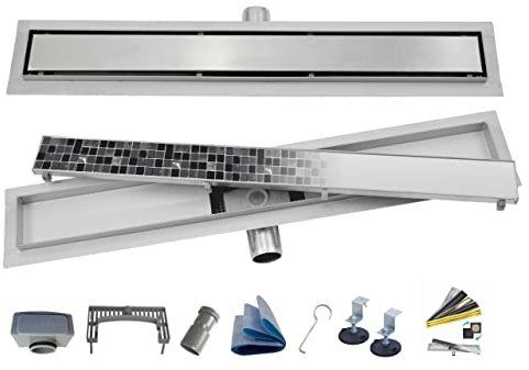AQUA HEATING 2in1 linearer Edelstahl-Bodenablauf superflach Komplettset für Badezimmer mit bodengleicher Dusche, Duschrinne Ablaufgarnitur-Set, Duschablauf mit Siphon Doppelseitige Rost 60 cm silber