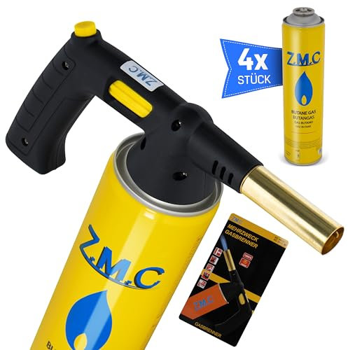 Z.M.C Gasbrenner 1,5 kW + 4 Gaskartuschen 330g, Flambierbrenner bis zu 1350°C, Bunsenbrenner Lötbrenner, Creme Brulee Brenner, Küchenbrenner mit einstellbare Flamme