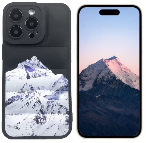 Berge Design für iPhone 14 Pro Max The Puffer Handyhülle mit Nordschnee-Grafik & Luft-Daunenjacke Puffy Face Trendy Aesthetic Designer I Handyhülle für Frauen Herren, Schwarz mit weißem Muster