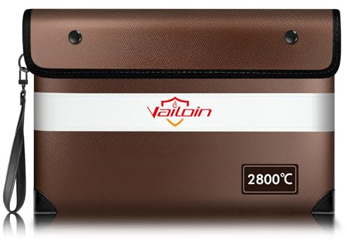 Vailoin 5200℉ Insulated Fireproof Money Bag for Cash with Waterproof Zipper,Small Fireproof Pouch,Fire Proof Money Bag for Important Documents,Valuables (11x7.7,Brown)