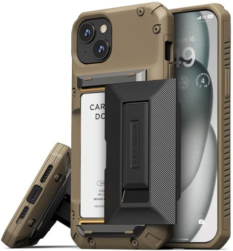 VRS DESIGN Damda Glide Hybrid-Handyhülle entworfen für iPhone 15 Plus (2023), funktionale, stabile Brieftasche, Kartenhalter, Ständer, kompatibel mit iPhone 15 Plus (Khaki)