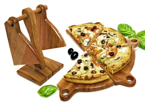 Pizza Board Set with Stand - A Unique Pizza Serving Tray Set - 6 Hand Carved Acacia Wood Boards with a Stylish Stand
