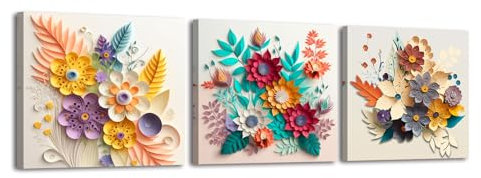 PIY PAINTING 3 Parties Quadri con Fiori Stampa su Tela, Immagini Quadro Moderni Decorazione da parete, Stampe da Parete, Quadri Soggiorno, Quadro su Tela Incorniciato pour Ufficio Bar Casa 30x30CM