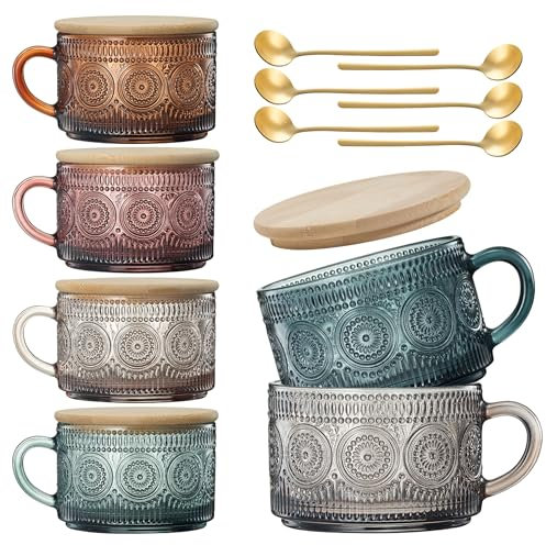Khen Colored Vintage Coffee Mug Set | Set of 6 | 15oz Flower Hobnail Glasses, Overnight Oats Container with Bamboo Lids and Gold Spoons - Embossed Cups Cute Coffee Bar Accessories, Glassware (Muted)