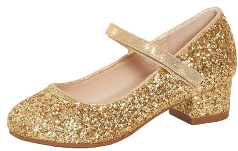 Girls Faux Leather Low Block Heel Gold Glitter 11 UK Child