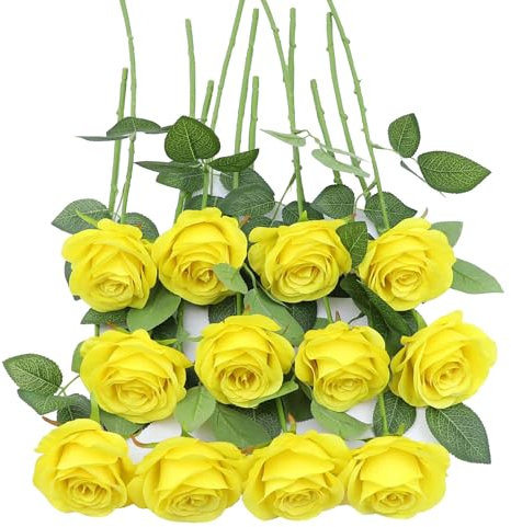 JUSMAI Gelbe Rosen, künstliche Rosen, künstliche Rosen mit langen Stielen, Seidenblumen für Hochzeit, Blumenstrauß, Mittelspiele, Dekorationen, Party, Brautparty, Babyparty, Heimdekoration, 12 Stück