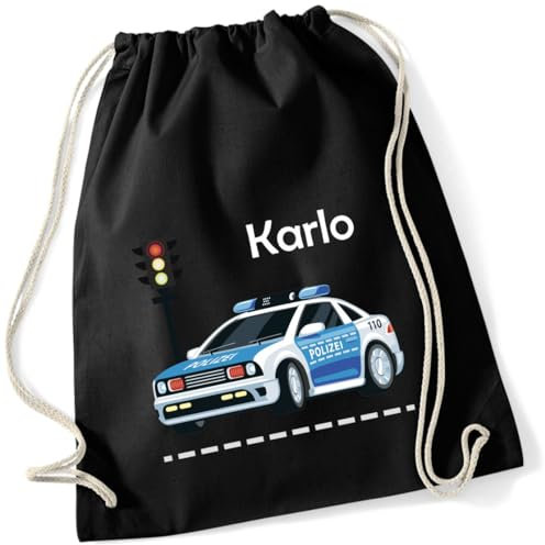 minimutz Turnbeutel Polizei-Auto mit Namen personalisiert - Stoffbeutel Jungen Rucksack - Sportbeutel zum Zuziehen - 12L - 37x46cm (schwarz)