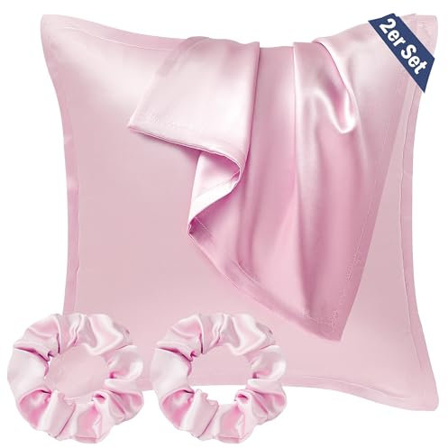 Seiwohl Satin Kissenbezug 40x40 2er Set, Weich wie Seidenkissenbezug Silk Pillowcase, Vegane Seide Kopfkissenbezug Kissenhülle Seidenkopfkissen für Haar und Haut mit 2 Haargummis, Rosa