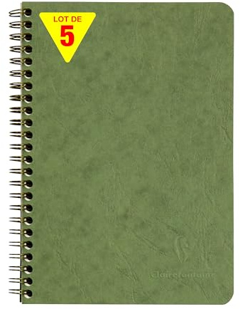 Clairefontaine 785663Cpack - Packung 5 Spiralbuch - Notizheft Age Bag mit Innentaschen DIN A5 14,8x21 cm, liniert, 60 Blatt, Grün, 5 Stück