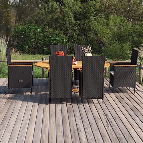 QJBSAVVA 7-TLG Garten-Essgruppe, Sofa Tisch schminktisch Stuhl eckbankgruppe Balkon Tisch Geeignet für Balkon Innenhof Garten Café Poly Rattan Schwarz