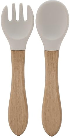 BABYZOCO Cubiertos Bebe Cuchara y Tenedor, Cubiertos de aprendizaje bebe, Cubiertos de iniciación, Silicona Grado Alimentario Sin Bpa, Antibacteriana, A partir de 6 meses, Silicona y madera, Blanco
