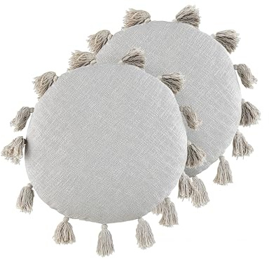 Dekokissen 2er Set mit Füllung Quasten Baumwolle grau rund 45 cm Boho Madia