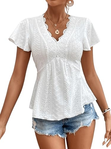 GORGLITTER Blus Med Spets Kvinnor Elegant Blus Med Broderi Blus Top Med Volanger Övre Del, Vit, L