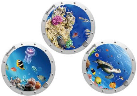Wisafory 3 Stück 3D Wandtattoo Unterwasserwelt Wandaufkleber Wandsticker Badezimmer Bilder Bullauge Ozean Bild Fische Sticker Wanddeko für Bad Schlafzimmer Wohnzimmer Kinderzimmer 2#