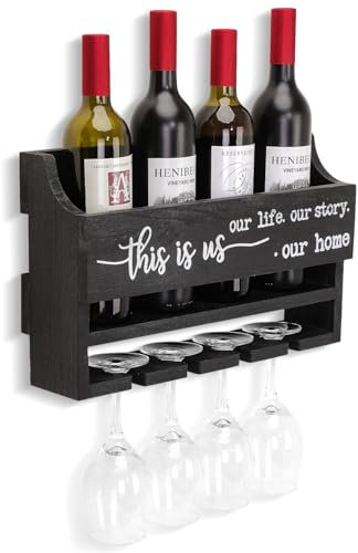 AOAOPQ Portabottiglie con gancio per calici, mensola in vetro con scritta This is Us, da parete, per cucina, sala da pranzo, casa, bar, soggiorno, nero