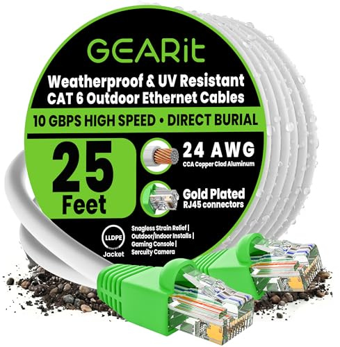GEARit Cat6 Outdoor Ethernet Cable (25 Feet) CCA Copper Clad, Waterproof, Direct Burial, In-Ground, UV Jacket, POE, Network, Internet, Cat 6, Cat6 Cable - 25ft