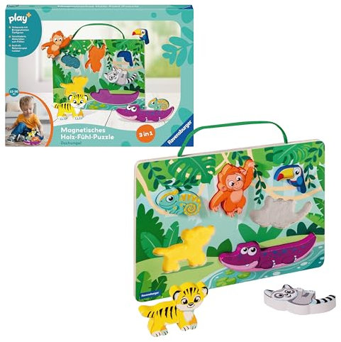 Ravensburger 4872 Play+ Magnetisches Holz-Fühl-Puzzle: Dschungel, 6 Puzzleteile und stabiles Holzbrett, Holzpuzzle, FSC, für Kinder ab 1 Jahr