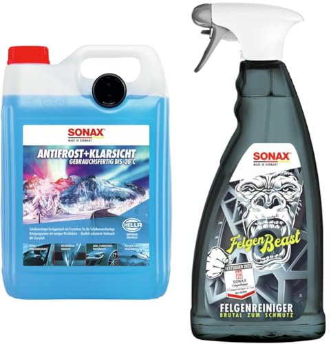 SONAX AntiFrost+KlarSicht Gebrauchsfertig bis -20°C (5 Liter) & FelgenBeast (1 Liter) Felgenreiniger für alle polierten, verchromten und matten Stahl- & Leichtmetallfelgen | Art-Nr. 04333000