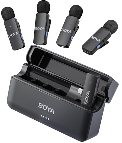 BOYA BY-V4U Kabelloses 4-Kanal-Mikrofon Handy für iPhone, Android, USB-C | 4-Kanal Mono-Ausgang, Mini Mikrofon, Geräuschunterdrückung, 360° Clip-Ansteckmikrofon