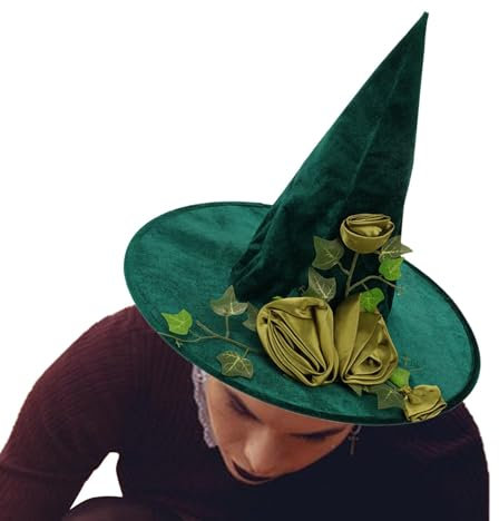 Vriusi Hexenhut, grün, für Erwachsene, Hexenhut, Grün, Zauberer-Hut, Cosplayhut | Hexenhut von Mardi Gras, Halloween-Zauberermütze, Blumenrankenhut für