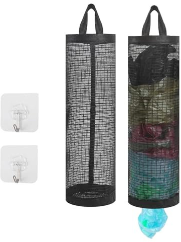 ZPLASK 2 Pcs Plastic Bag Holder, Carrier Bag Storage with 2 Pcs Sticky Hooks, Mesh Hanging Grocery Plastic Bag Storage Holder Carrier Bag Holder, Plastic Bag Dispenser for Home