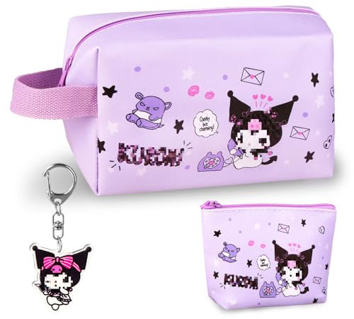 Trousse de Toilette Kuro-m, Imperméable Trousse Toilette Enfant, Trousse de Toilette Dessin Animé Fille, Pliable Sac de Maquillage de Voyage Pochette Maquillage avec Porte-clés Porte Monnaie