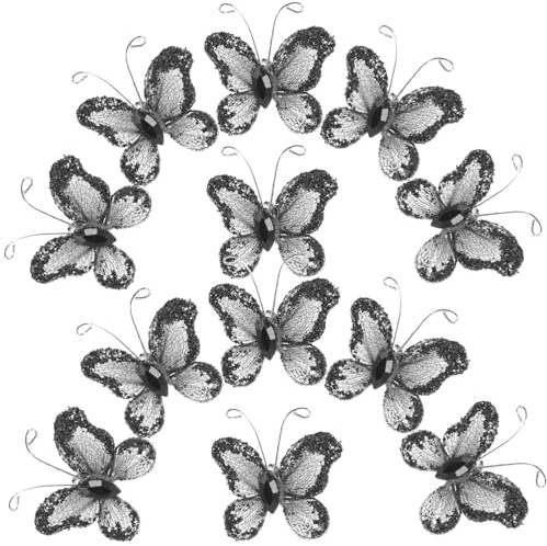 HOODANCOS Dekorativer Schmetterling aus Netz mit Glitzer, 50 Stück | Schwarz, Mesh und Draht Verarbeitet, für Hochzeitskarten und Deko, Fein Gearbeitet